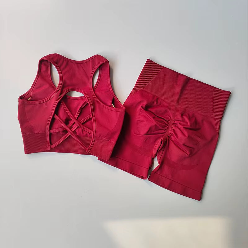 2 PCS Women'S Seamless Yoga Set Sexy Sport Bra High Waist Sports Shorts Gym Fitness Sleeveless Workout Suit Sporstwear